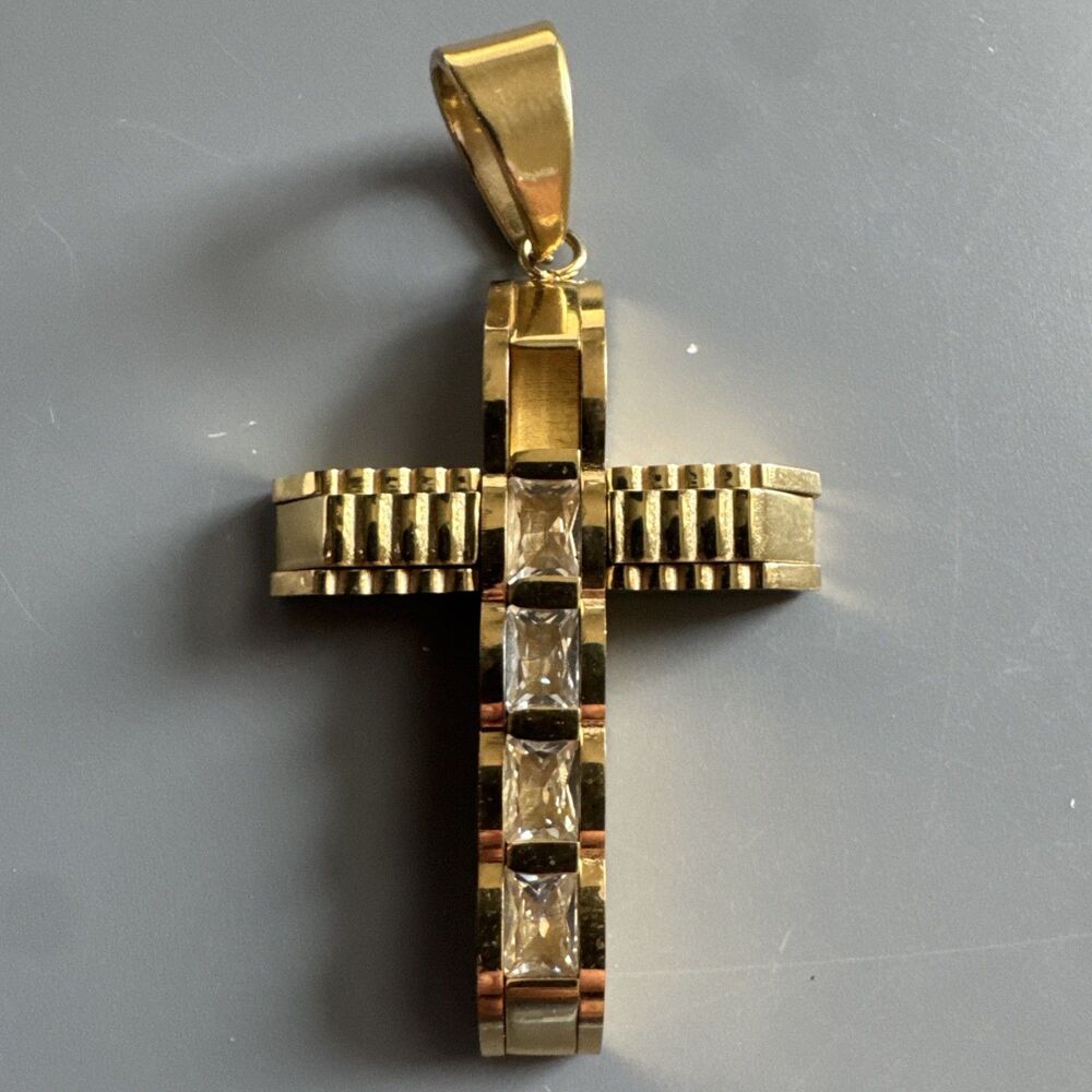 Gold Plated Cross Pendant Stainless Steel Cubic Zirconia 24” Chain Loose Stone